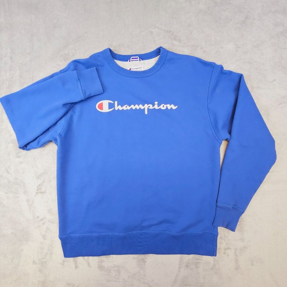 Champion Sweatshirt Men's Large Blue Chest Spellout Logo Pullover Sweater‎